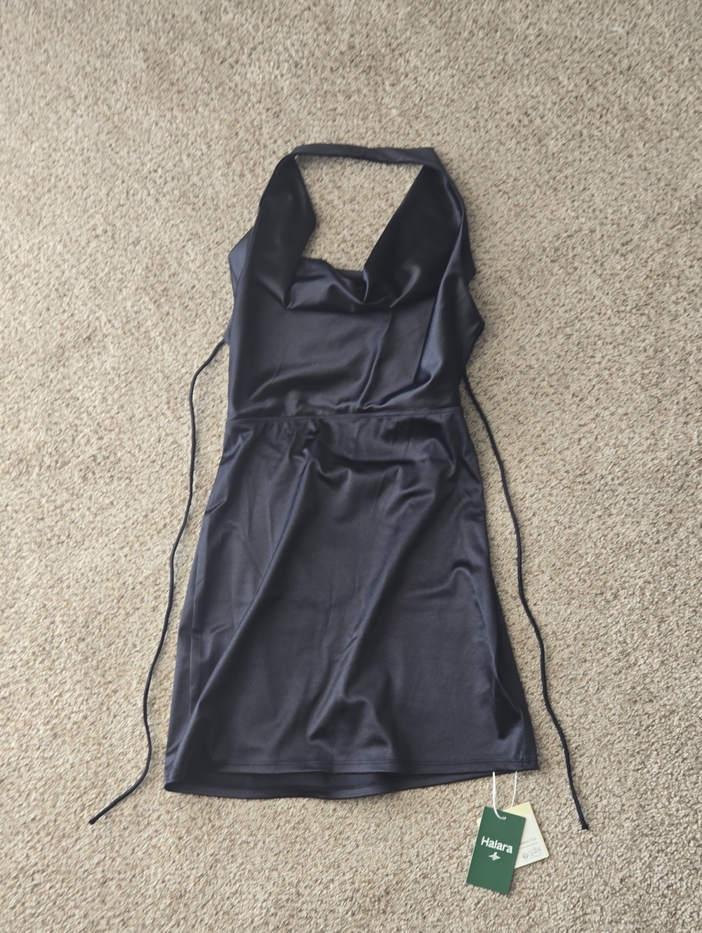 Halara Black Satin Halter Mini Dress